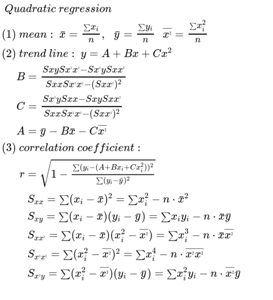 = X2 = п > п n : B= Quadratic regression Exi Lyi Σα? (1) mean : ī= ý (2) trend line : y = A + Bx + Cx2 SxySex-SxySex SxxSxx—