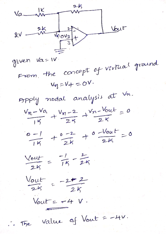 2- IK Va but 3 rDLin From, the concept of verua round APP .nodal analysis tVa. ·ナ ) 5 ナ I K Vout-2 2 K The Valuu of Vout