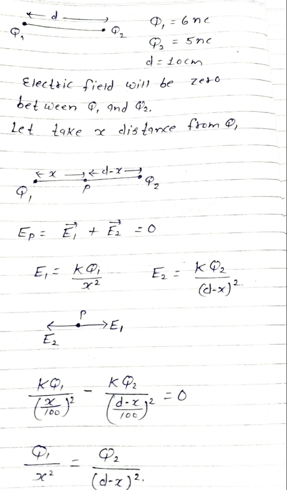 0, -6ne Q = 5ne S d = 10cm - Electric field will be zedo between I, and 42. Let zake a distance from a Ep = E + E = 0 E = KQ1