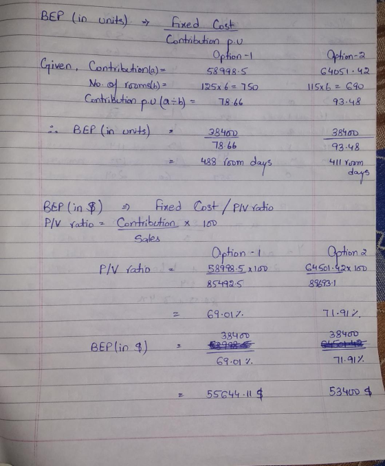 BEP (in units) -> po 2 fixed Cost Contribution Option - Given, Contribution (a) = 58998.5 No. of roomell) 125x6 = 750 Contrib