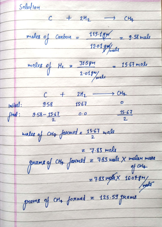 Solution C + 2H2 CHA males of carbon - 115.1 z .58 male 12.01 grauate moles of H₂ z 31.59m 15.67 mole T 2.01gholt - c + 9.58
