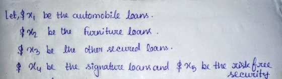 Let, $%, be the automobile leans. $ be the furniture loans. $ 33 be the other secured loans. & Hy be the signature loans and
