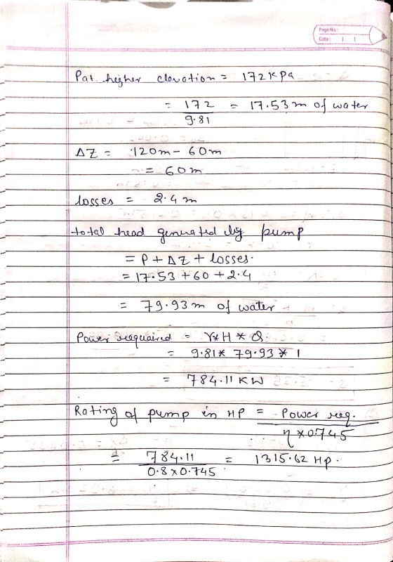 Page 1 Pat higher clevations 172k pa 172 9.81 17.53m of water AZ - 12om- 6om 6om losses - 2.4m total head genuated by pump =p