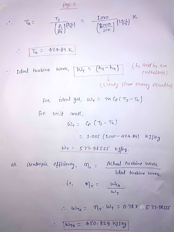page-3 1 on K Tz THE 1114:4) 2000 100 PAPIEREN T4 = 424.89 R. Ideal turbine work, Wp = (h3 ha) (hz and he are enthalpies) (St