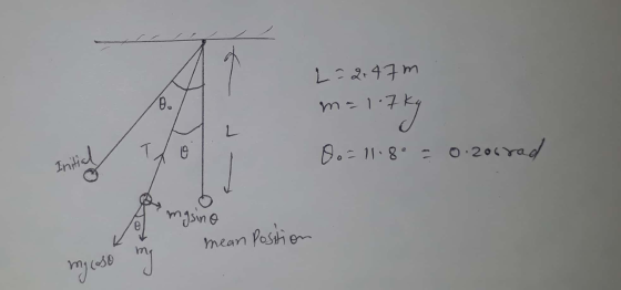 L=2+47m m=1.7kg Initial 0o=11.80 = 0.208rad mean position my coso