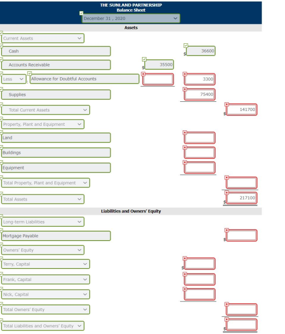 THE SUNLAND PARTNERSHIP Balance Sheet December 31, 2020 Assets Current Assets Cash 36600 > Accounts Receivable 35500 Less V A