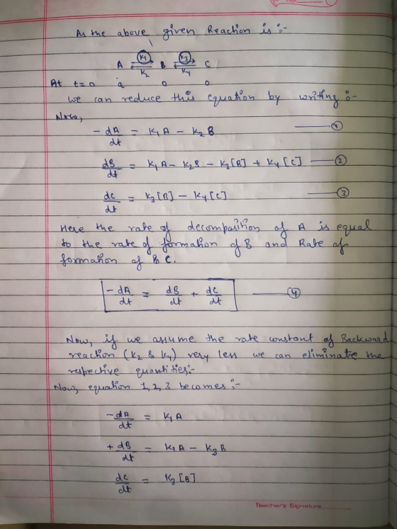 As the above given Reaction is :- At to ao we can reduce this equation by writing : alow, - dA - KA-k₂B dt dB - Ky A- Kyp: -