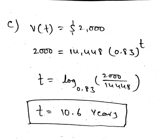 c) VCH) = $2,00 2,000 t 2000 = lu, uus (0.83) t = log i 2000 14448 0.83 t = 10.6 years