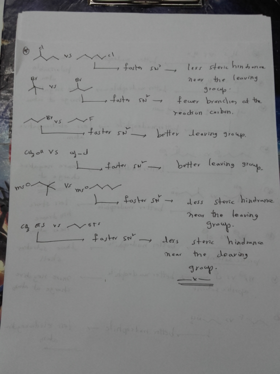 - faster sn l ess steric hindrance near the leaving group. fewer brandlies at the reaction carbon. L faster SN - -BY vs faste
