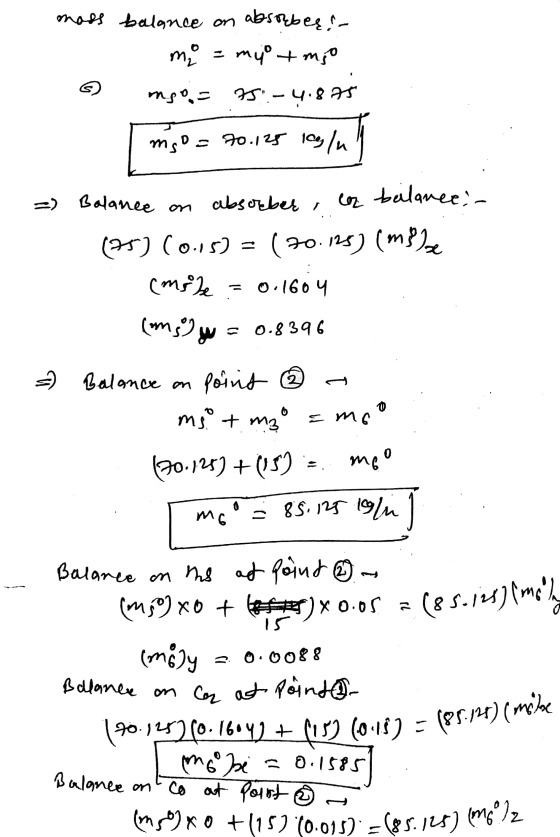 mass balance on absorbeş&- mi = myot mio mso 75.-4.875 mgoa 70.125 Icoglu =) Balance on absorber , lez beilance: - (75) (0.15
