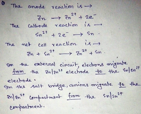 • The anode reaction is Zn – zu 2+ + ré The Cathode reaction is - Sn2t & zê Sn. The net cell reaction is Zn + Su 27 v 2+ + Sr