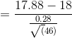 = \frac{ 17.88- 18}{\frac{0.28}{\sqrt(46)}}
