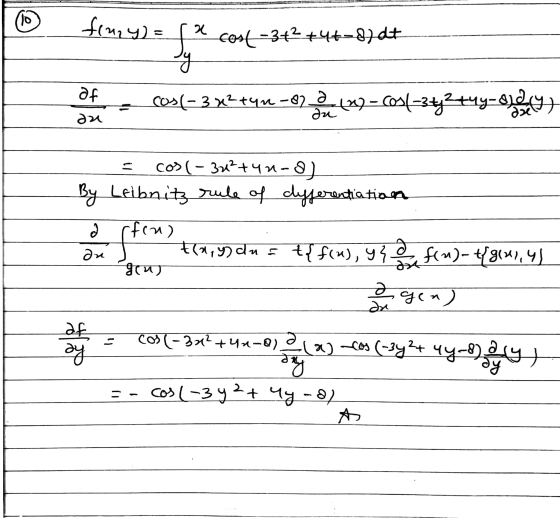 10 fy) = X Co(-3+2+4t-8)dt Of coa(-3x+4m-822 (x) - Ca(-342449-6109) ди are । co» ( - 30+44-8) By Leibnitz rule of differentia