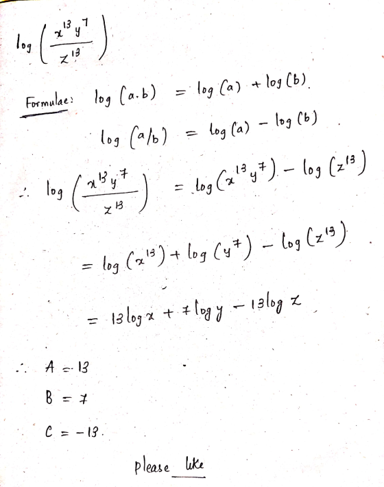 log ( 2 1² y ²). – log (213) 13.7 zy log 13 Formulae log Carb) log ca.b) = log, (a) + log (b). log (a/b) = log (a) – log (6)