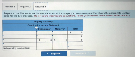 Required 1 Required 2 Required 3 Prepare a contribution format income statement at the companys break-even point that shows