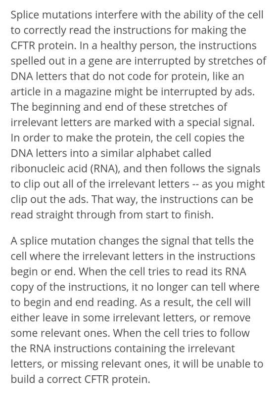 Splice mutations interfere with the ability of the cell to correctly read the instructions for making the CFTR protein. In a