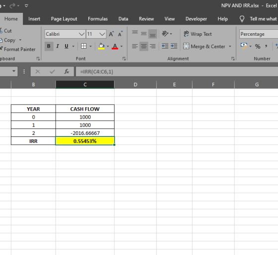 NPV AND IRR.xlsx - Excel Page Layout Formulas Data Review View Developer Help Tell me what Percentage Home Insert 3 Cut Copy