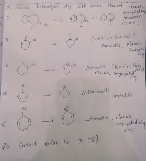 - o which heterolysis step will occur Slowest peanar, Icclur Il Conjugated sing Aromatic (10 té) 2. 22-I é +2 lor Aromatic ,