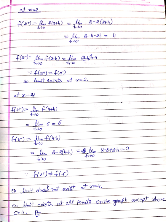 at na f(at) = limf(a+b) = lim 8-2 (ath) lim 8-4-2h - f(2)=_lim f(2-h) = slim (2-4)4 ho ch-to f(9+) =f(9) so limit exists at n