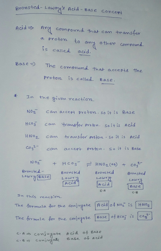 Bronsted- Lowrys Acid-Base concept Acid > Any compound that can transfer a proton to any other compound is called acid. Base