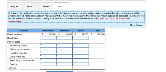 Req A1 Req A2 Req B Reqc Compute the production costs for each product for January using the cost drivers recommended by the