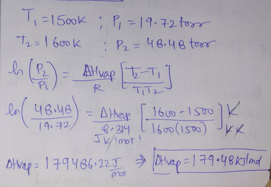 1 =15ook 72 = 1 book :P, = 19.72 tors : P2 = 48.48 toor - 96.46 19.72 Atvor I 160o-1500 8.314 1 16oo(1500) JK amor! VK Otkap