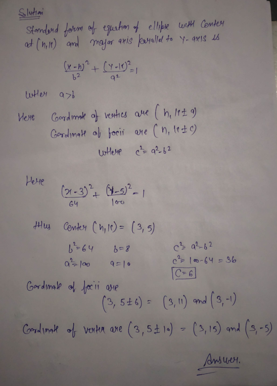 Solution Standard form of equation of ellipse with Center at (hile) and major axis karallel to Y. axis is (x -b+ (4-102-1 62