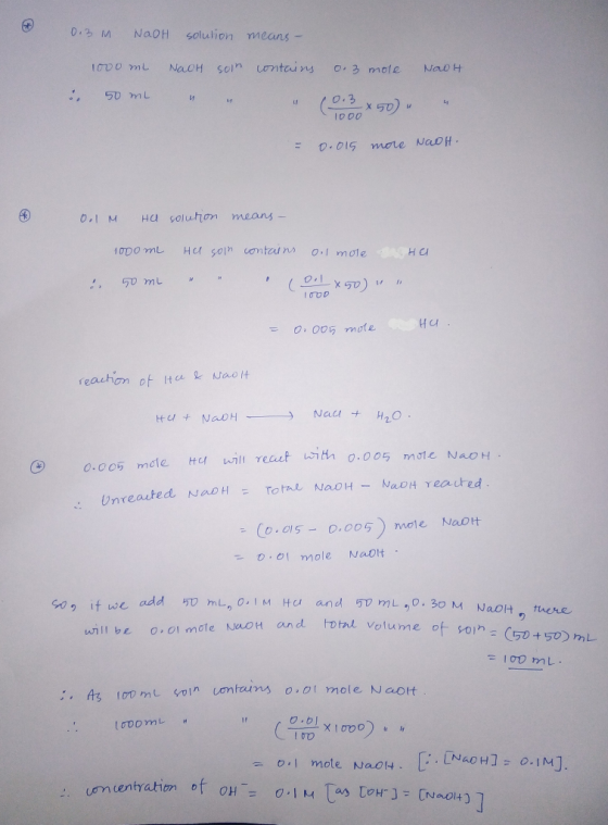 0.3 M NaOH solution means - NaOH son contains 0.3 mole Nach 1000 ml 50 mL : & (0.3 x 50). 10oo = 0.015 more NaoH. Ool M