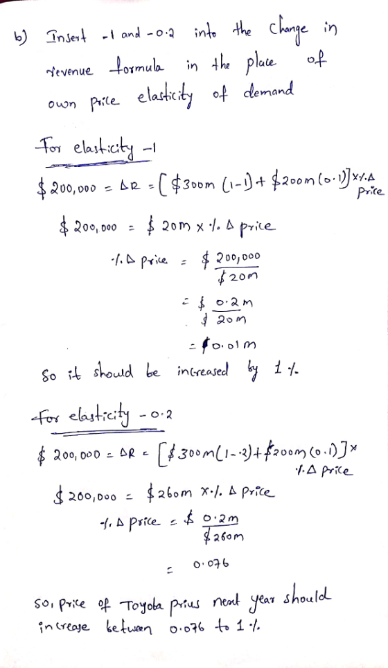 b) InJer4 1 and -o in revenue 401 m uh in th place ouon pite elakdy of demand Ce 200,000- 20m x. Δ Price 20 m n(rease na pric