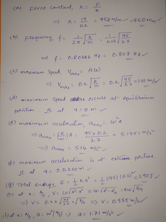 (a) 19 K = 0.2 95 (b) Frequency, f= 2 - 6,28 3.7 (d) 1195) (0.2) – 1.905 Force constant, k= = 95.0 N/m 95.0 N/m 0.807 HZS f =