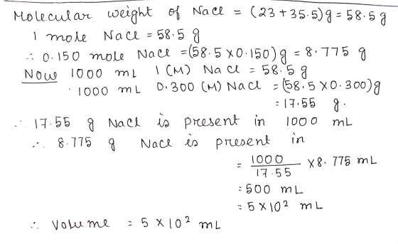 Molecular weight of NaCl =(23+25.5g = 58.5g I mole Nace = 58.5 g 0.150 mole Nace =(58.5*0.150g = 8.775 g Now 1000 ml I (M) Na