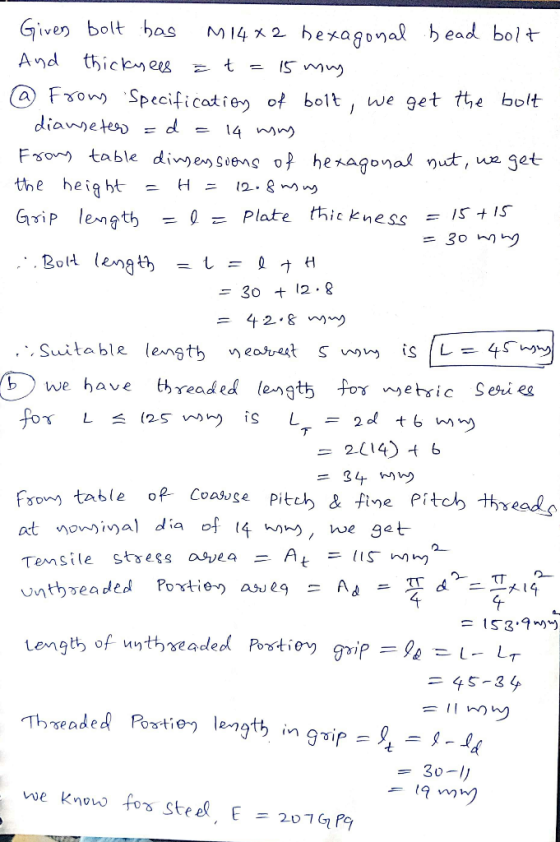 Given bolt has M14x2 hexagonal bead bolt And thicknees ē t = 15 muy @ Frow Specification of bolt, we get the bolt diameter =
