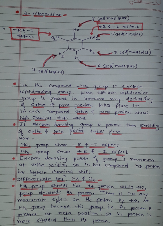 Page 3- nito aniline -7.30d multipler) HR&- I effect -5.818 singles) HA --R -I effect 8 7.26&multiples 6.958 multiplet) 7.388