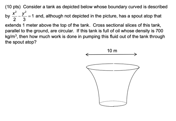 (10 pts) Consider a tank as depicted below whose boundary curved is described x y2 by = 1 and, although not depicted in the p