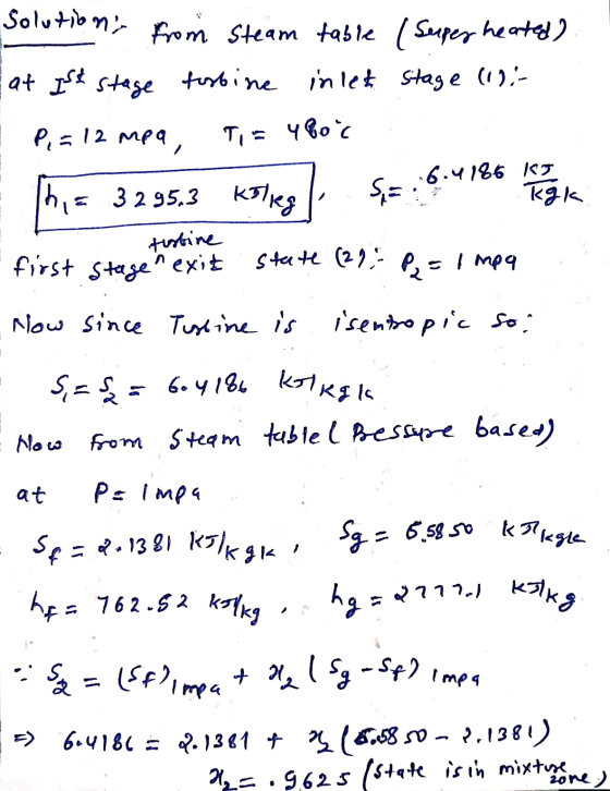 Solutions from Steam table (super heated) at 1st stage forbine inlet Stage (1) - P,= 12 mea, Ti = 480c SE : 6.4186 IST hia 32