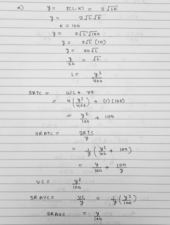- y = FCL, k) = 2 J2k y= 250 Sk K = 100 y = 2/ 1100 y= 250 (10) y= zout L= y² 400 SRTC = = Wht.rk uly² ) + (0) (100) 400 = y2