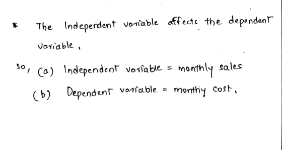 * The Independent variable affects the dependent variable, $o,ca) Independent variable = monthly sales (b) Dependent variable