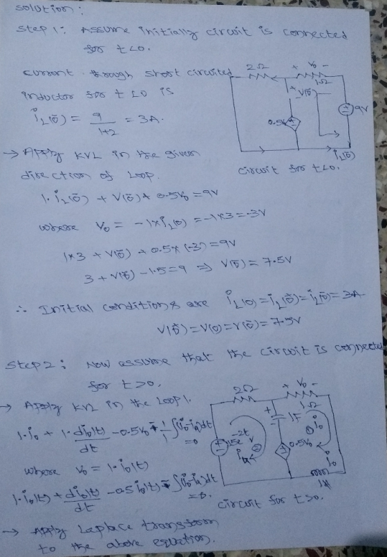 connected solution step assume anitially cirwit is for tco. corront trough srost carvite are anductor soo t o is 10 = 9 – 3A.