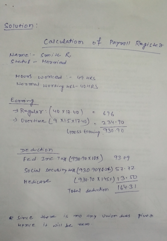 Solution : Calculation of Payroll Register Name - Status - smith R. Married Hours worced - 49 HRS Hoonal working HRS- 40HRS E