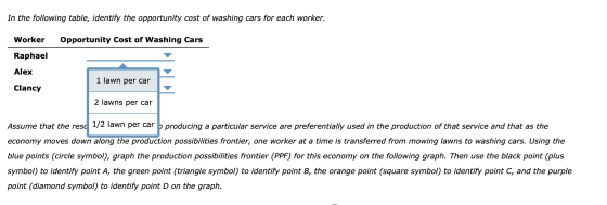 In the following table, identify the opportunity cost of washing cars for each worker. Worker Opportunity Cost of Washing Car