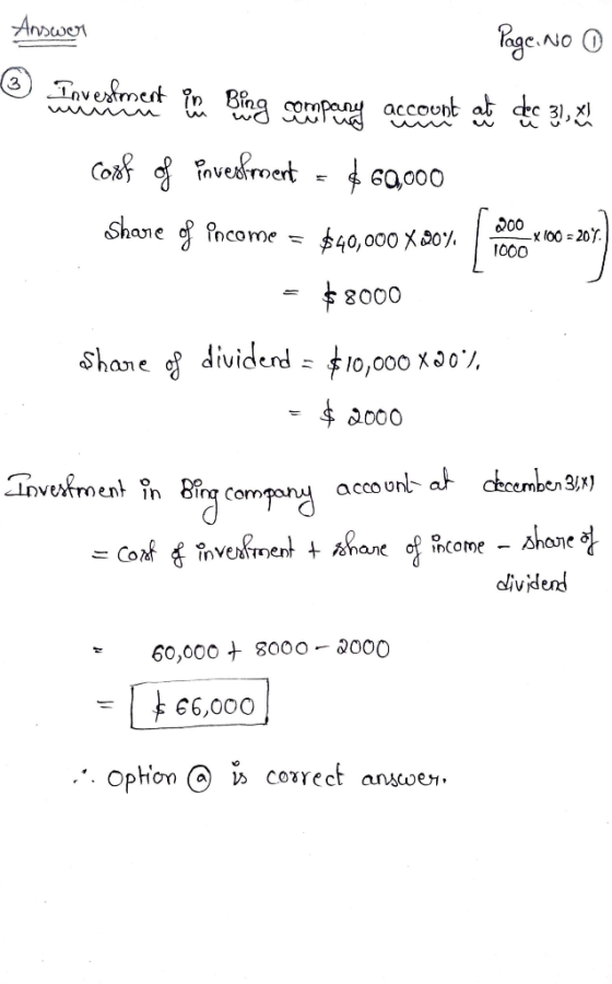 Answer Page No 0 e Investment in Bir le Bing company account at dec 31, X cons of enveel moent$60.000 Share of income $40,000