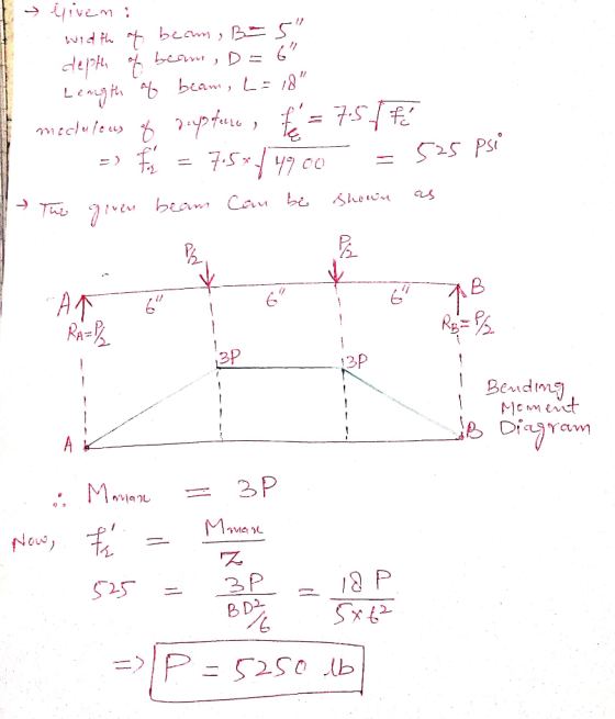 liveni - width of becam, B=5 depth of beam, D=6 Length of beam, L= 18 mecluleus of dusturo, t = 7.5[f =) F = 7.5x4900 = 525