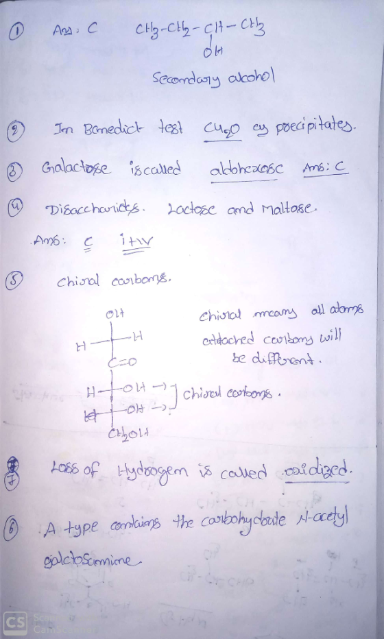 Am-C Cllg CH₂ - CH - Chiz Olla Secondary alcohol 2 In Benedict test cuo cy precipitates. 3 4 & Galactose is called aldohexose
