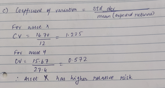 std dey c) loyfiuent f VAriation mean (expeutrd nutuns Fer asset X I4.70 1.225 12 0.572 27.4 Asset Xhas higher ative nisk