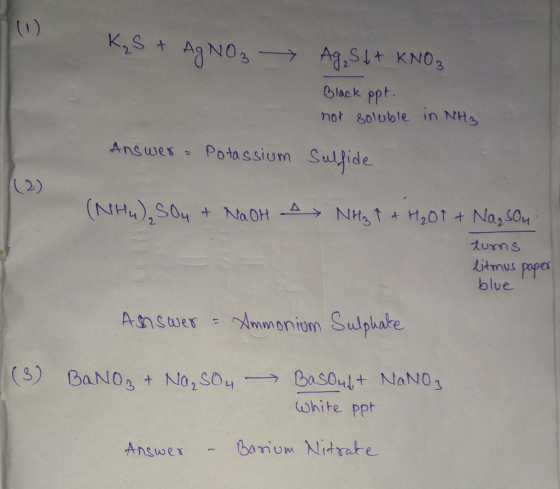 black ppt. not soloble in NHs Answes -Potassium Sulfide 02) turns iHmus paper blue Atnsen Sulpkake white Ppt Answer