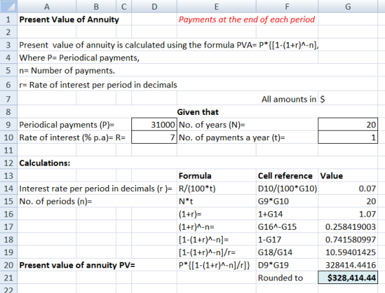 C D A B 1 Present Value of Annuity Payments at the end of each period 2 3 Present value of annuity is calculated using the fo