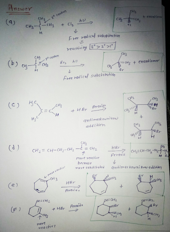 Answrr CH3 30 carbon CH3 + enantiem (4) CH CH CH3-CH3 +Cl2 CI Frte radical substito Hon reactivity 2> CH3 CH3 (b) CH t enqnti