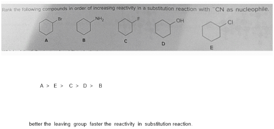 Ronk the following compounds in order of increasing reactivity in a substitution reaction with CN as nucleophile, A > E > C >