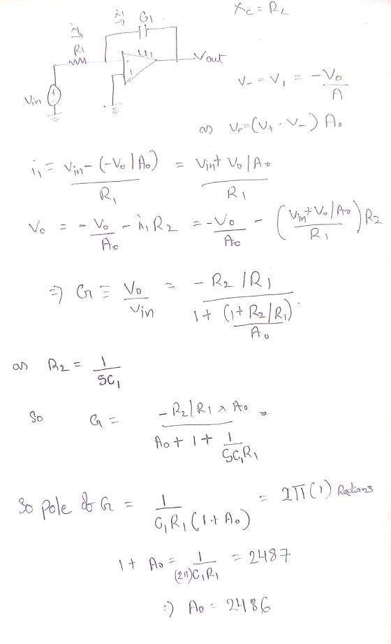 Tu Vout V-= Vi = -- Vo cus Var(W-V-) A. = Vin-(-Vol A.) = vint Vol Ao Ri Ri \R2 Ac = G = Vo = - R2 IRI Vin + (1+R21R.) to as