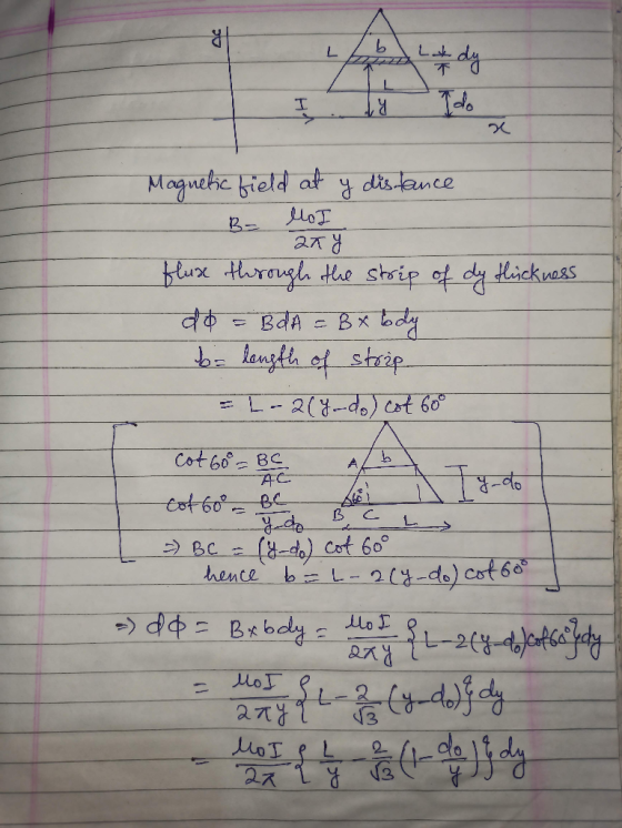 Я b. L Lok T I ly B- Moguthe field at y distance llo any fluxe through the strip of dy thickness do = BdA = B x body b. lengt